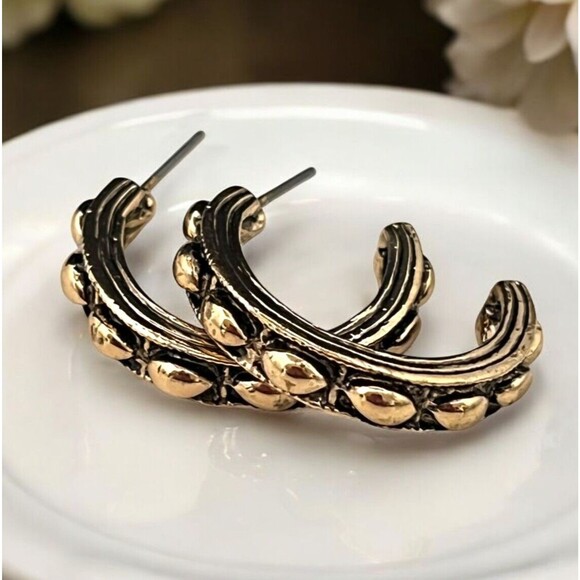 Designer Statement Earrings Antiqued Gold Tone Hoop Premier Urban Chic  9X - Picture 1 of 5